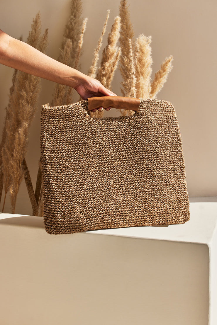 Boho Flat handbag with tan handles, 16x15.5 Inches